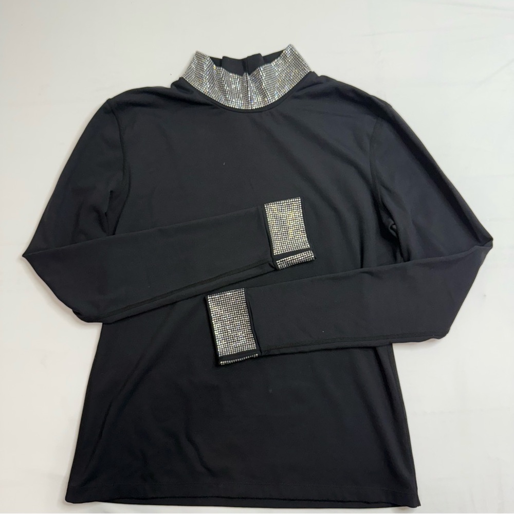 Carbon38 Rhinestone Mock Neck Long Sleeve Black Nylon-Spandex Top - Picture 1 of 9